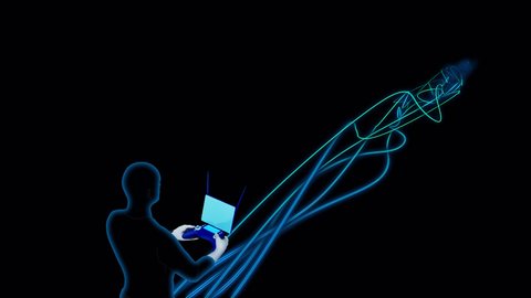 Looped video of a silhouetted man holding a remote control with a screen, sending and receiving abstract waves and radio signals and data, stylized in green and blue colors against a dark background.