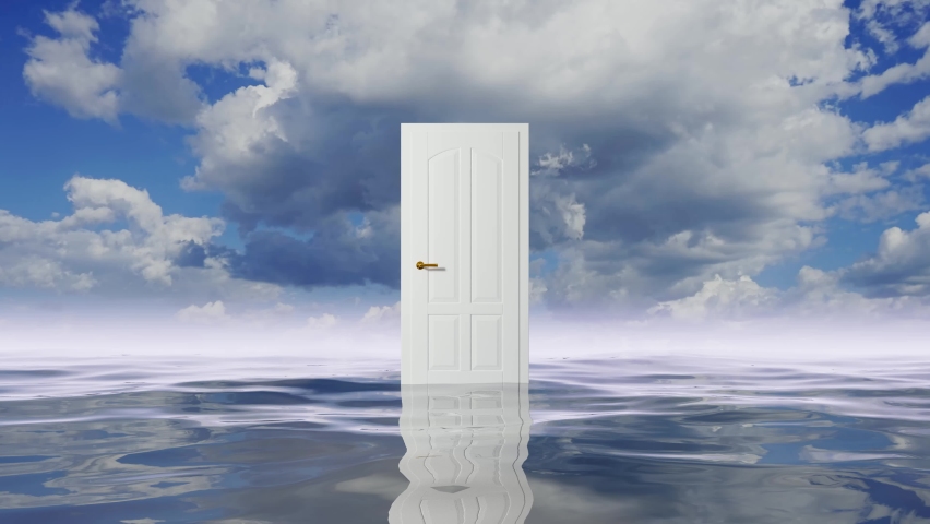 White door over an ocean with time lapse clouds is opening and reveals a green screen. Royalty-Free Stock Footage #1058543596
