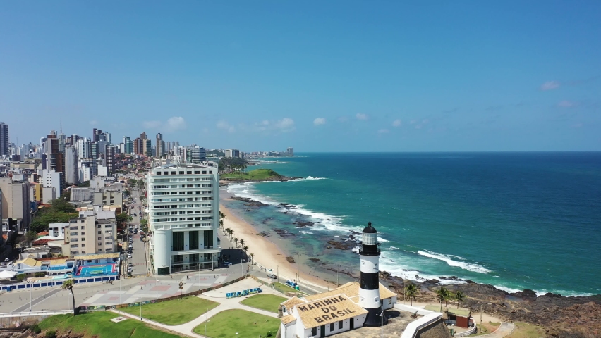 Aerial view of Salvador, Bahia, Brazil. Farol da Barra, Salvador, Bahia. Aerial landscape of Carnival City. Aerial landscape of Salvador, Bahia. Tropical Travel Destination. Lighthouse Landmark City