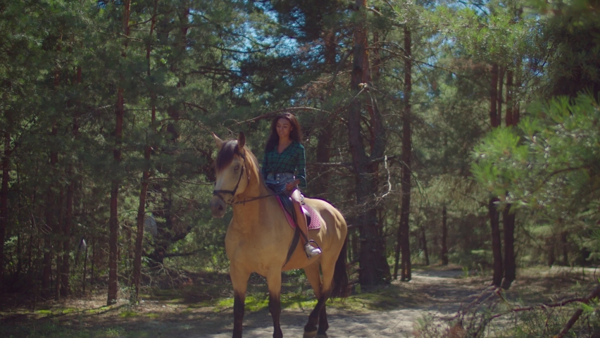 Positive cheerful pretty african american woman in a checkered shirt and shorts holding bridles, riding on horseback in the forest during summer vacations in the countryside. expressing confidence and happiness.