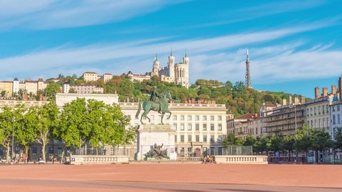 4k timelapse of sunrise at Place Bellecour with statue of King Louis XIV, Lyon, France,the main place in Lyon city center. Together with its suburbs Lyon forms the 2nd-largest metropolitan in France