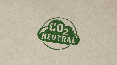 CO2 carbon neutral emission stamp and hand stamping impact animation. Ecology, nature friendly, climate change, green fuel and earth protect 3D rendered concept.