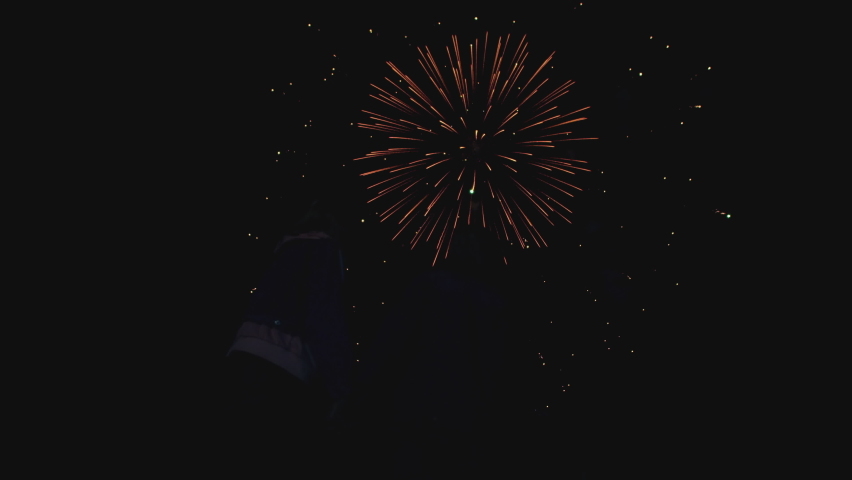 Young Couple Watching Beautiful Fireworks. Silhouette of people watching explosive and colorful fireworks in the evening sky. Holiday event and celebration. In slow motion | Shutterstock HD Video #1058561242