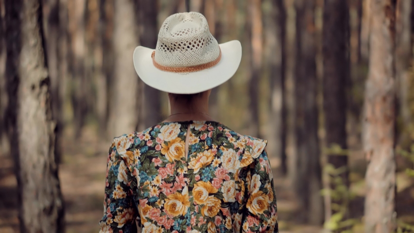 Active Woman In Hat Walking In Pine Forest. Holiday Vacation Tourist Journey Trip Warm Day. Beautiful Healthy Girl In Dress Walking In Greenwood. Carefree Female Exploring Spruce Forest In Sunny Time Royalty-Free Stock Footage #1058561467