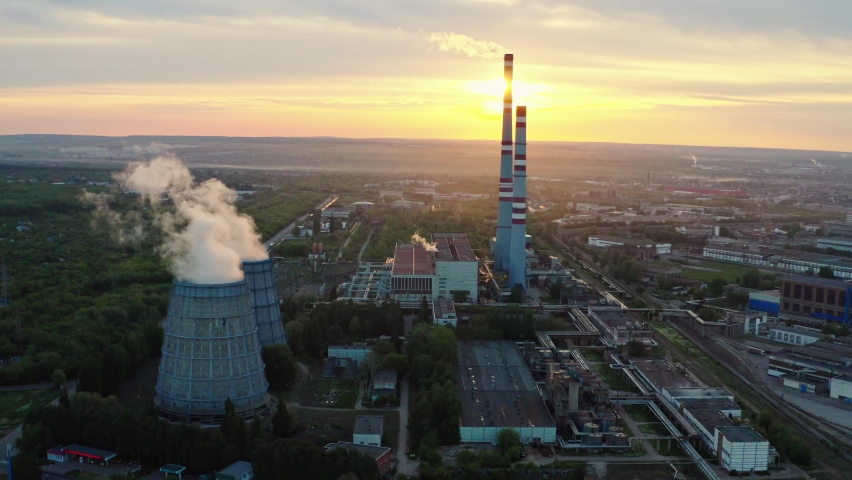 Power plant and heat station, morning aerial view