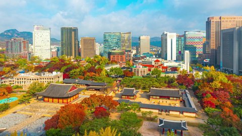 Aerial view.Seoul city  South Korea. Cloudy sky at Deoksugung Palace. with autumn maple trees . Time lapse4k.(Panning)