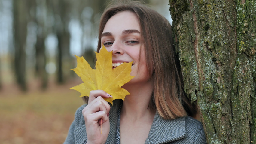 Beautiful happy young girl with a smile holds an autumn yellow leaf near the face
