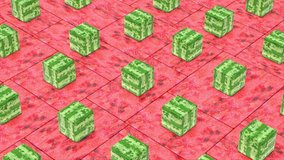 Fresh juicy ripe square tasty watermelon fruit motion background, sweet dessert of vegetarian diet seamless looping abstract art, hello summer and summertime concept graphic design, 3d animation.