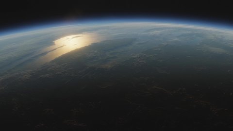 Terraformed planet Mars. View from space to Mars with oceans and plants spacecraft flies near terraformed Mars in the solar system. Cinematic 3d animation