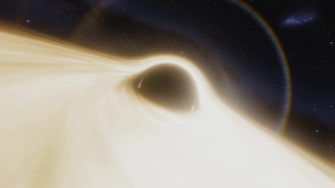 supermassive black hole. Accretion disk of matter on the event horizon of black hole. Space, light and time are distorted by strong gravity on the event horizon