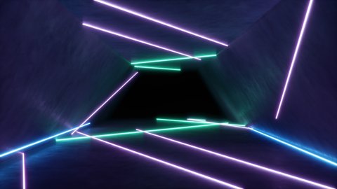 Abstract seamless looped 3d animation of neon, fluorescent ultraviolet light, moving forward. Flying in futuristic corridor. Neon lights that illuminate the interior. Mockup for your design project.