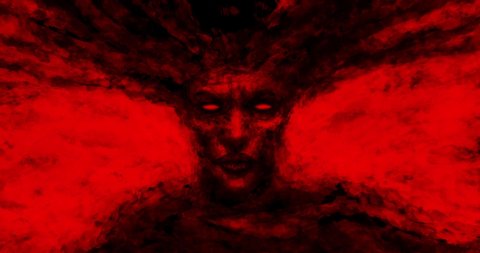 Devilish woman appears from dark with hair growing up. 2D animation horror fantasy genre. Scary animated short film. Gloomy ghost in haze. Spooky female character for Halloween. Red color background.