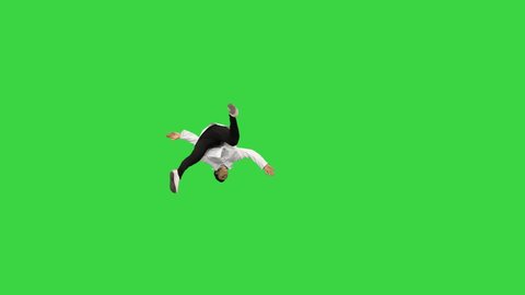Young male doctor doing back flips, adjusts his robe looking at camera and then walks away on a Green Screen, Chroma Key.