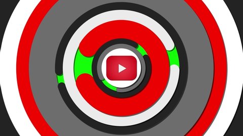 USA 2020: Editorial animation. Rotating 3D animated YouTube logo button appears and disappears on the original transition of white gray and red circles. Green screen - Chroma key.