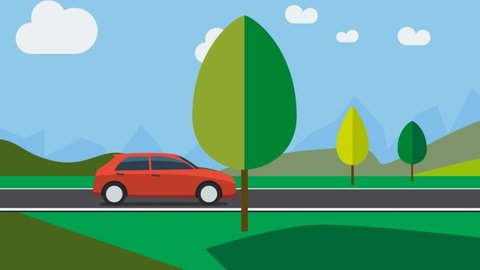 Car animation against the background of countryside. 2D animation. Moving hills and trees background. Cartoon car. Loop footage 4k