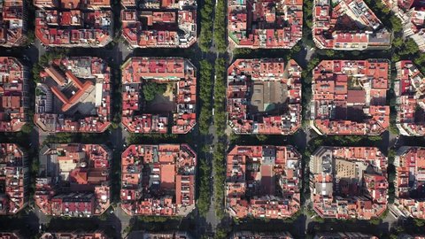 Aerial top down view of trafficing in streets of Barcelona, Spain