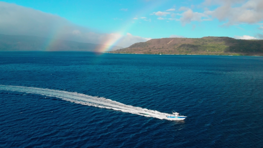 Fisherman Boat Sailing Under Rainbow on Tropical Sea, Aerial View on Coast and Beautiful Sky