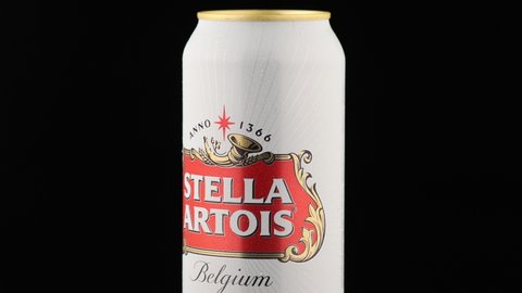 LVIV, UKRAINE - September 03, 2020: Stella artois beer in a tin can