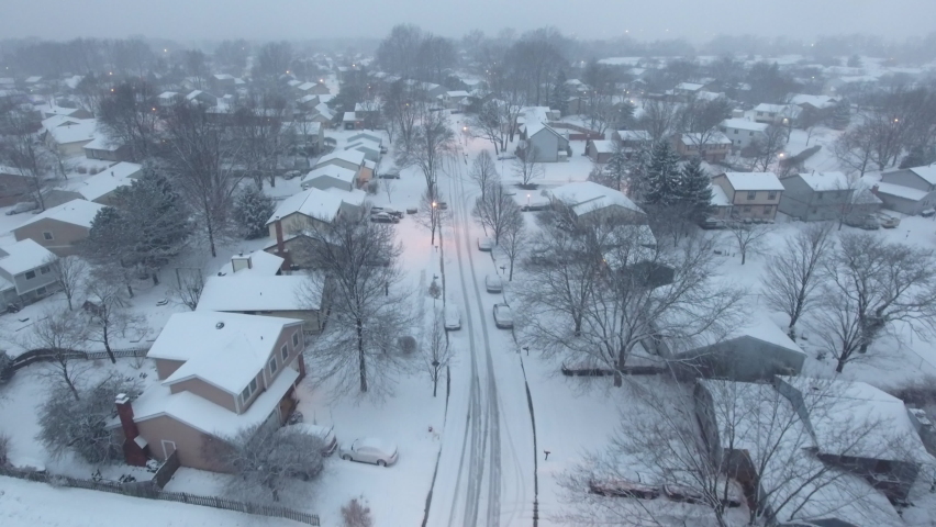 Drone shot of snow covered town Westerville Ohio