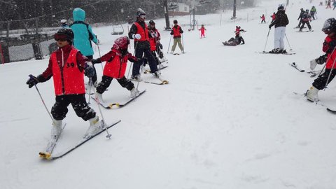 Hakuba, Japan - December 30,2019 : Many people enjoy skiing at Hakuba Goryu Snow Resort in Hakuba, Japan on December 30,2019.