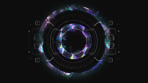 Target circle smoke HUD (heads up display) design animation, rotating holographic graphics for sci-fi transitions or video game overlays, futuristic kaleidoscope pending screen interface.