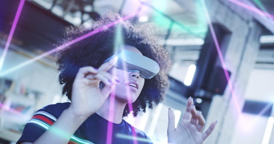 Future VR Education Technology Young Black Woman Using Virtual Reality Headset Gaming And Entertainment New Technologies Diversity Concept Slow Motion 8k RED | Shutterstock HD Video #1058612914