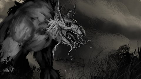 Animated painting of a frightening undead werewolf zombie creature - animated digital fantasy illustration