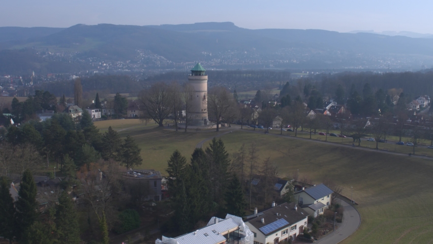 Aerial Drone Old water reservation tower of Basel at Bruderholz, Switzerland