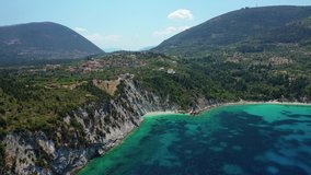 Aerial drone video of beautiful paradise bay of Afales and white beach in beautiful Ionian island of Ithaki or Ithaca, Greece