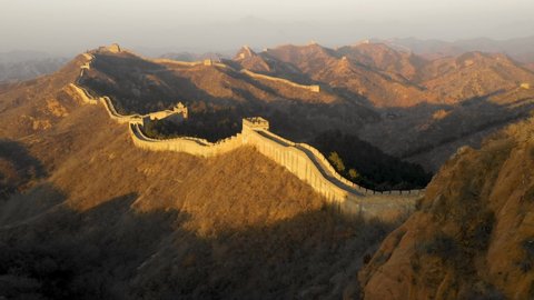 Flying over the Great Wall of China at Dawn