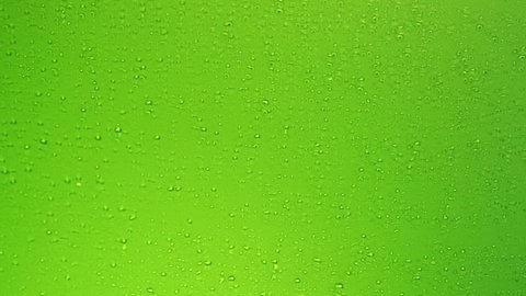 4K High quality footage of Water Drops, Drops of Rain trickling down on green background. Rain Drops Falling down on green glass .  Close up Slow Rain in slow motion.  Droplets on glass or bottle.