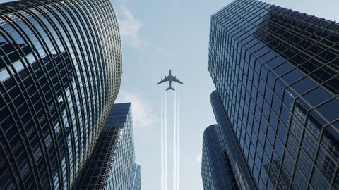 Airplane flight over the business center of skyscrapers. Bottom view of skyscrapers with flying airplane on a bright sunny day, business district. Success business concept. 3D animation 4k, UHD