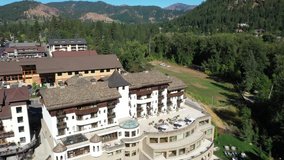 Drone footage of Posthotel in Leavenworth, a charming Bavarian-styled village in the Cascade Mountains, in central Washington State