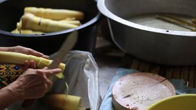 Blurred motion video background of pickled bamboo shoots through boiling and brine processing to preserve the quality of the food, lengthen the eating time and good taste