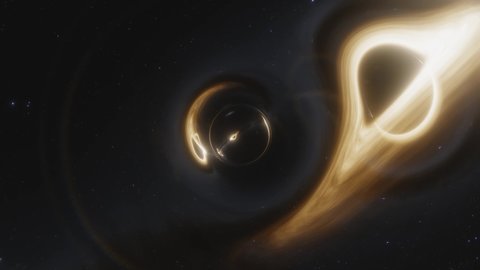Animation of a wormhole next to a supermassive black hole with accretion disk. Space and time are deformed by strong gravity