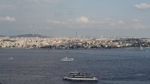 4K aerial panorama real time clip of Bosphorus on a sunny day, Istanbul, Turkey