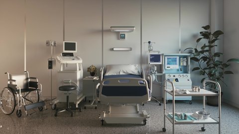 Empty bed in a hospital room with medical equipment.