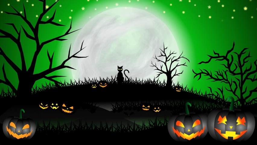 Scary night of halloween background animation with stars, moon, flying witch, bats, fog, animated cat, trees, grass, pumpkins on green sky background. Halloween background animation Royalty-Free Stock Footage #1058654968