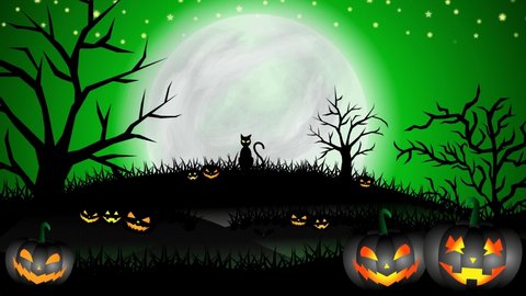 Scary night of halloween background animation with stars, moon, flying witch, bats, fog, animated cat, trees, grass, pumpkins on green sky background. Halloween background animation