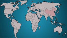 Countries on the world map are colored red in turn. World map animation, spread, planet