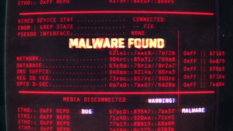Malware found text on screen, computer hacking, data theft, scam, phishing. System warning, hacking attempt