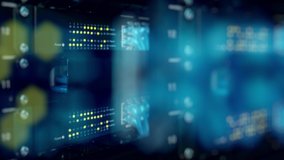 Futuristic High-Speed Data Center Network Connections. Fiber Optic and Ethernet Cables, Server Rack Lights, AI GPU CPU Cloud Computing, Big Data Analytics, Cybersecurity Digital Technology Background. - Powered by Shutterstock - Get 15% off with code: PIKWIZARD15