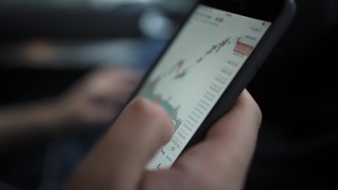 Hands with a mobile phone, checking stock market data. Scrolling through, touching stock market graph on a touch screen device close up