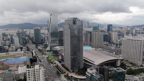 South Korea Seoul, Samseong-dong COEX Teheran-ro skyscrapers, road traffic, apartment complex, aerial view September 5, 2020 PM. 