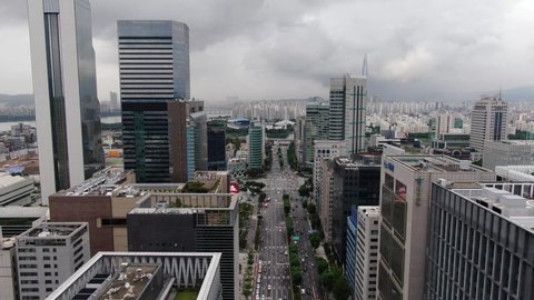 South Korea Seoul, Samseong-dong COEX Teheran-ro skyscrapers, road traffic, apartment complex, aerial view September 5, 2020 PM. 