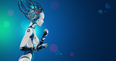 Woman robot or cyborg holding out hand palm up to blank text place. Humanoid machine with artificial intelligence. AI or computer neural network in image female android. 3d rendering animation banner.