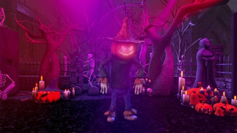 Seamless animation of a scarecrow robot dancing in a party in a graveyard. Funny cartoon character for Halloween background.