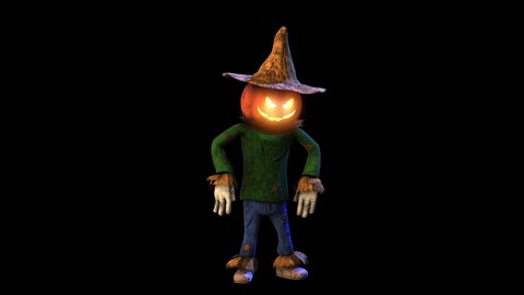 Seamless animation of a robot dancing scarecrow isolated with alpha channel. Funny cartoon character for Halloween background.