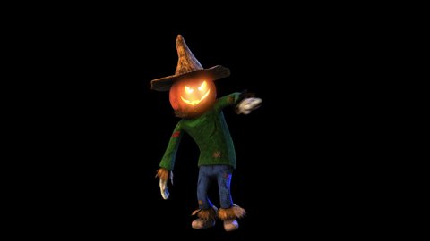 Seamless animation of a scarecrow dancing samba isolated with alpha channel. Funny cartoon character for Halloween background.