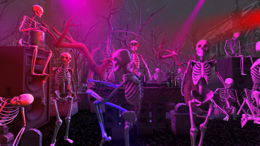 Seamless animation of a skeleton djing with turntables and bats flying around in a cemetery at night. Funny halloween background for parties and events. Royalty-Free Stock Footage #1058670979